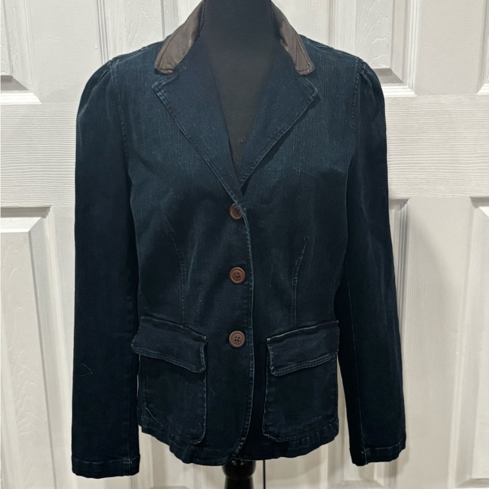 RALPH LAUREN JEANS CO. Women's dark wash denim blazer w/ leather collar size 14